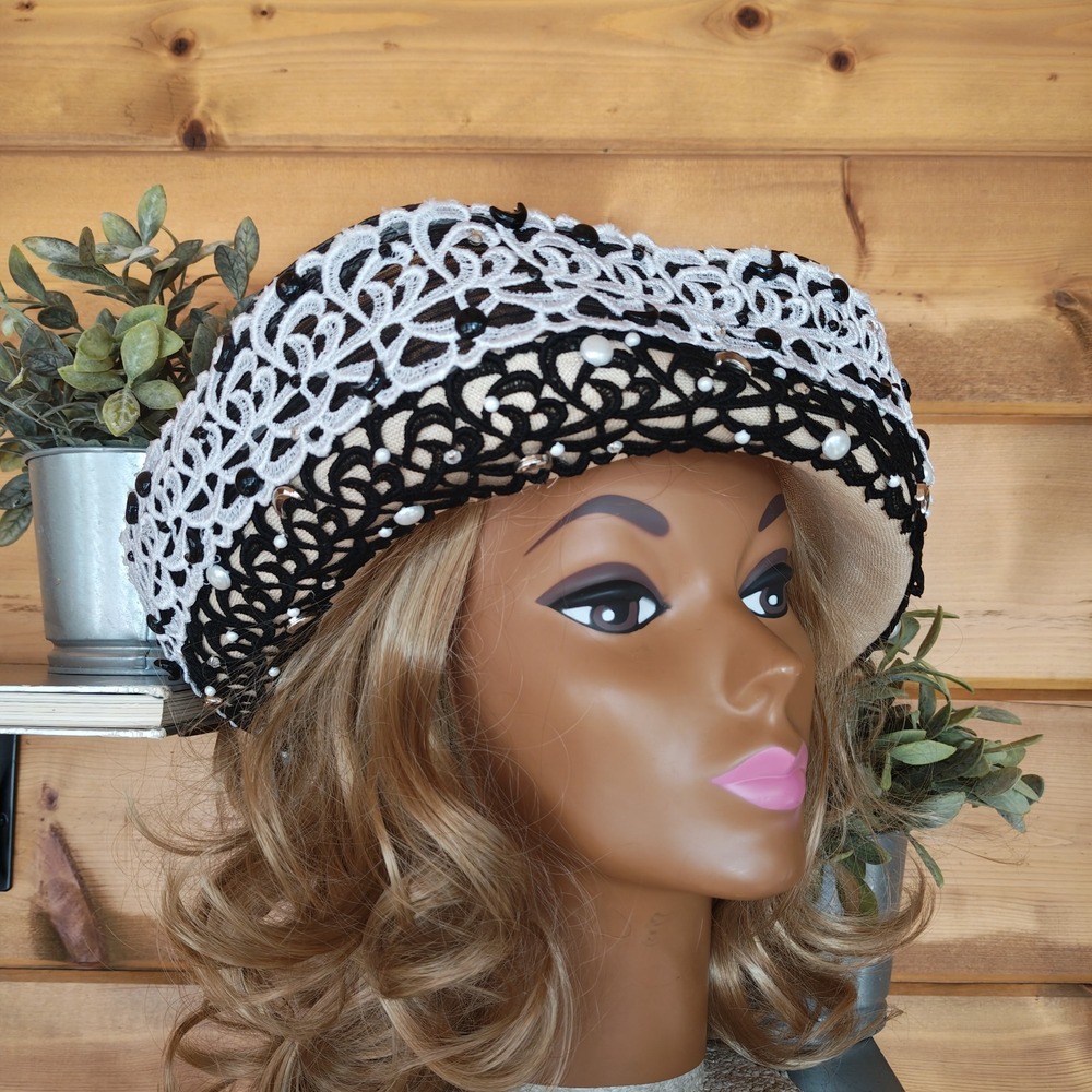 Vintage Mr. John Classic Crochet Lace Studded Moons Pearls Church Party Flip Hat